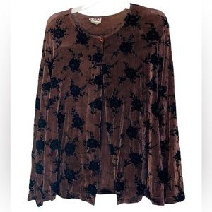 Clio women’s cardigan size L black velvet flower over brown.